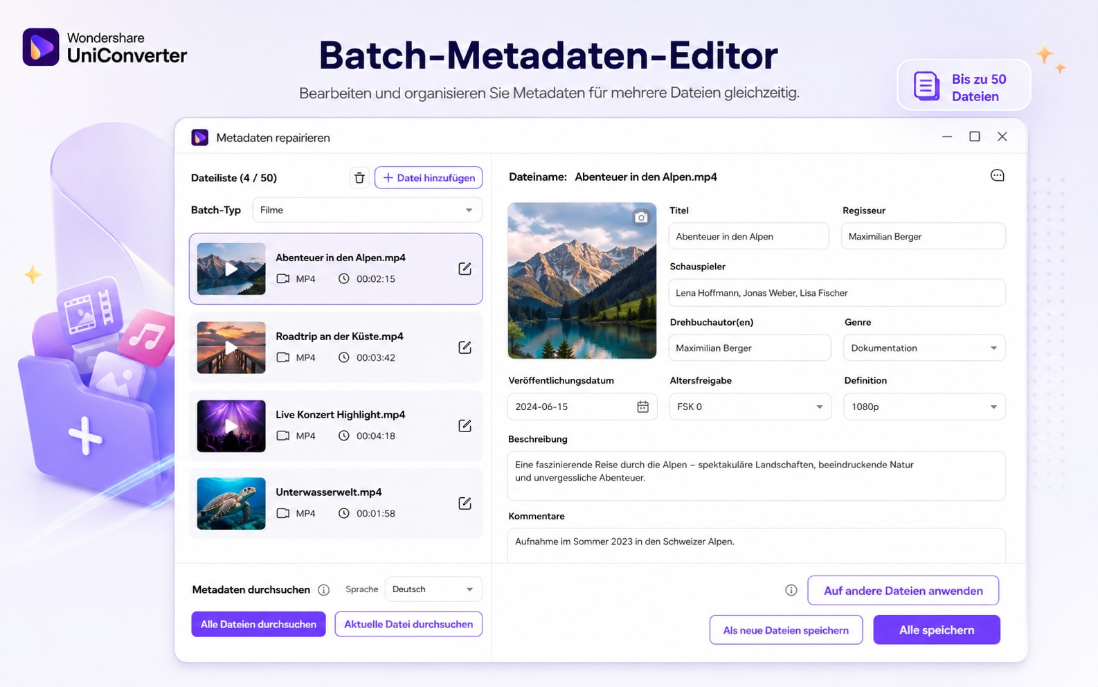 UniConverter Batch Metadata Editor mit Dateiliste und Metadatenfeldern
