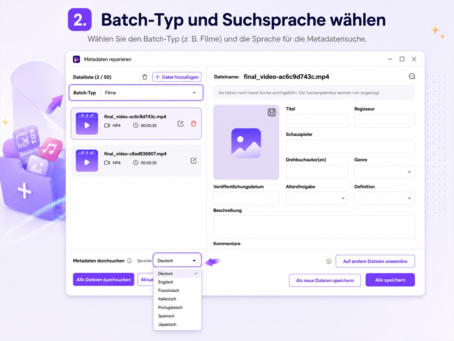 Batch-Typ Suchname und Suchsprache für Metadaten festlegen