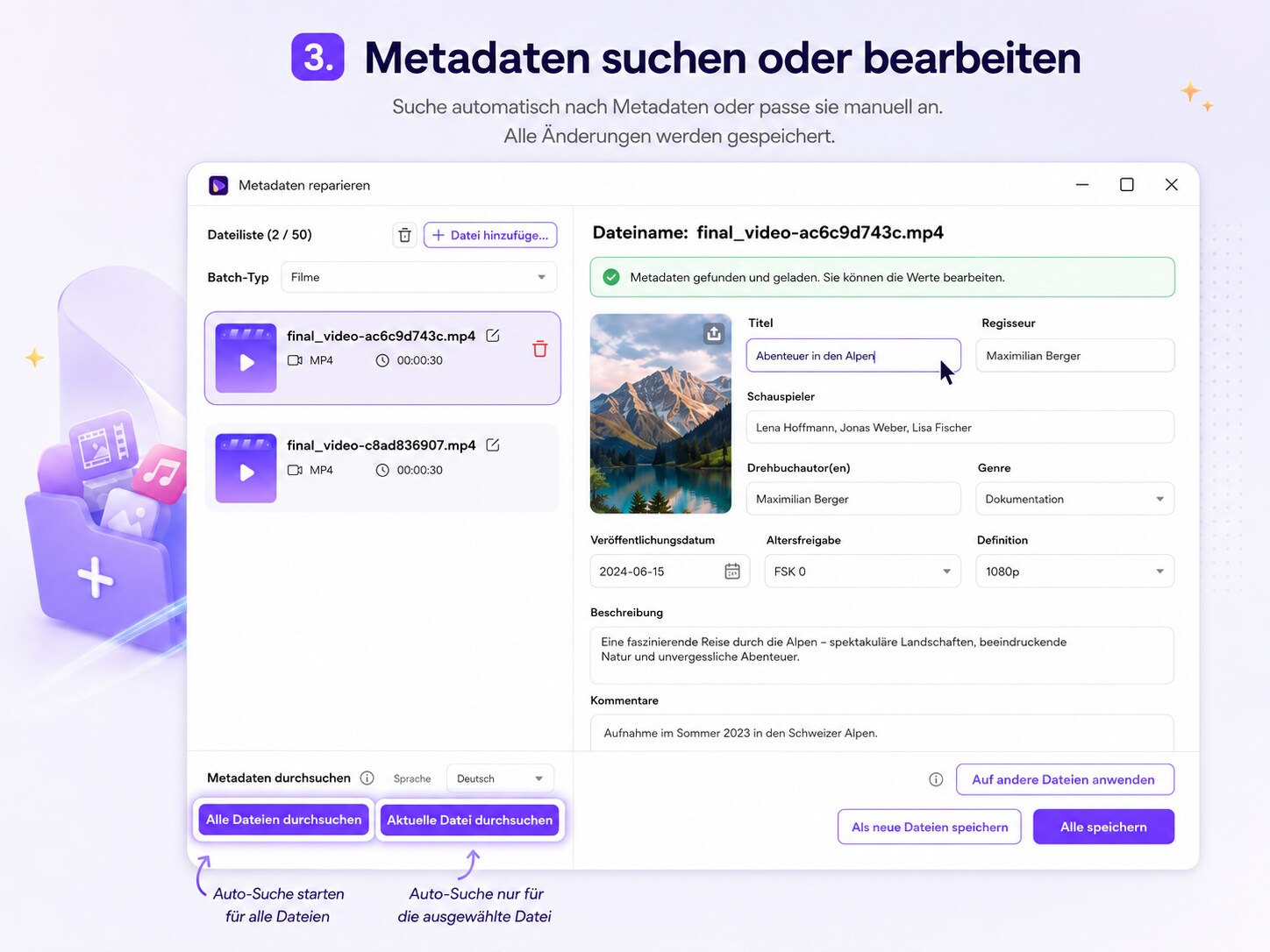 Metadaten suchen zurückfüllen oder manuell bearbeiten