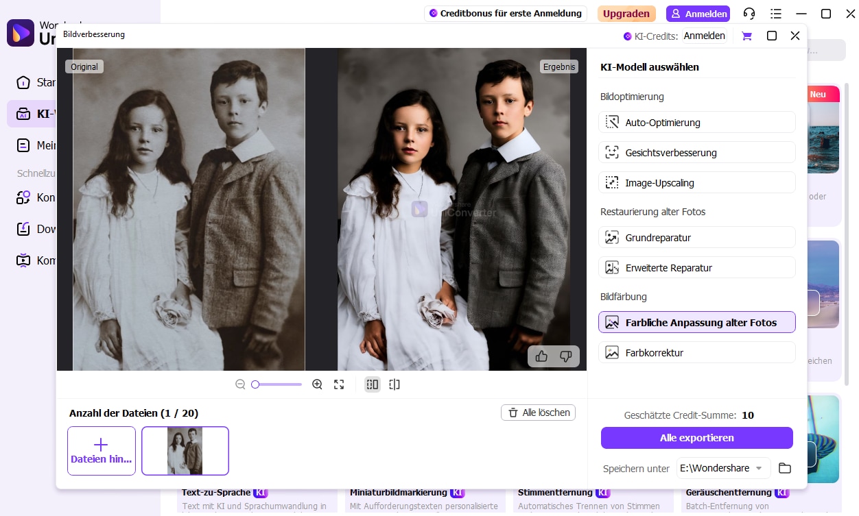 KI-Bildverbesserung Schritt 3: KI-Modelle für Optimierung, Restaurierung und Kolorierung wählen