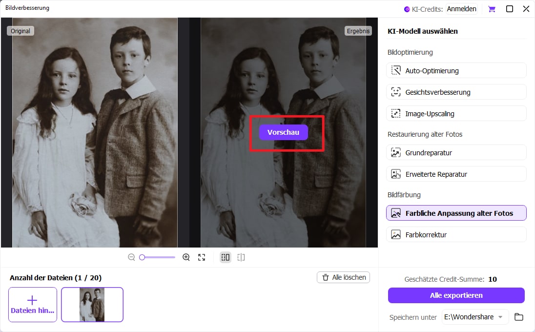 KI-Bildverbesserung Schritt 4-1: Vorschau der KI-Ergebnisse für ein ausgewähltes Bild