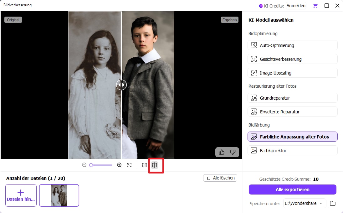 KI-Bildverbesserung Schritt 4-2: Vergleich mit verschiebbarem Slider zwischen Original und Ergebnis