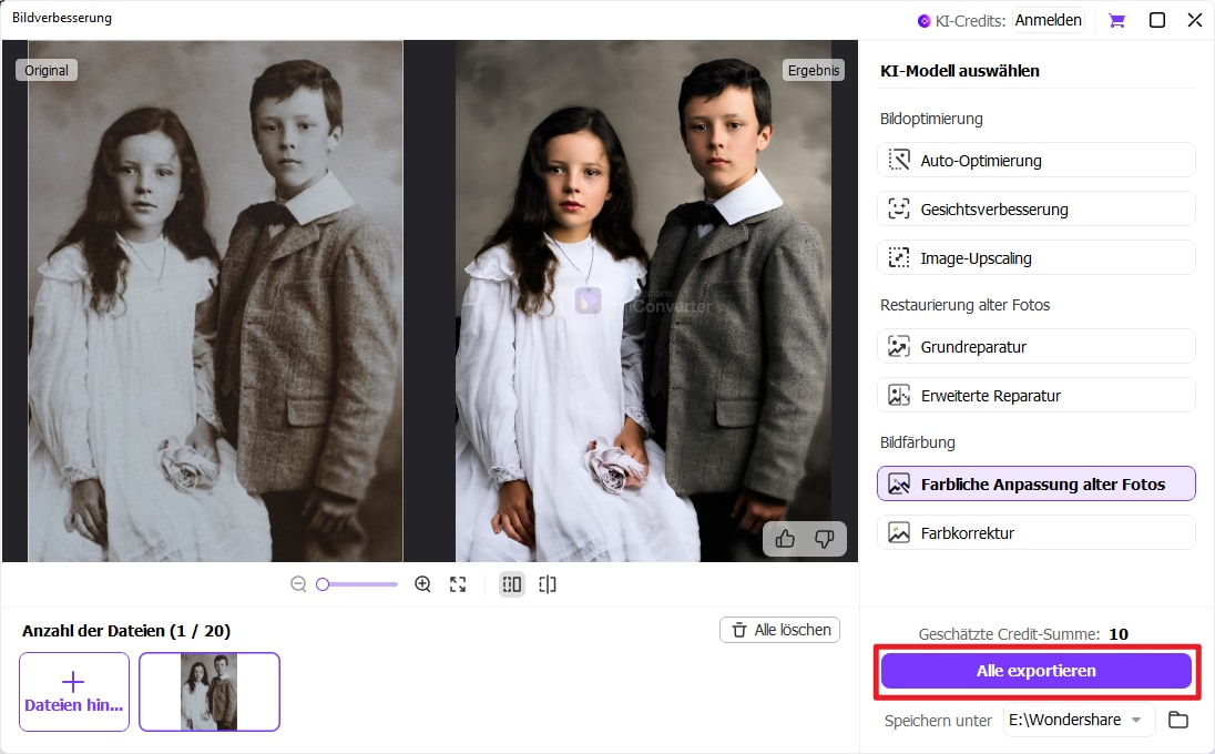 KI-Bildverbesserung Schritt 5: Alle verbesserten Bilder per Klick exportieren und lokal speichern