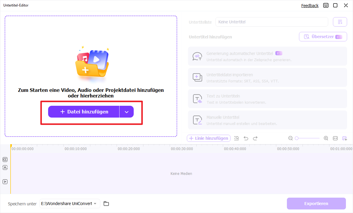 Schritt 2: Video- oder Audiodatei im Untertitel-Editor hinzufügen