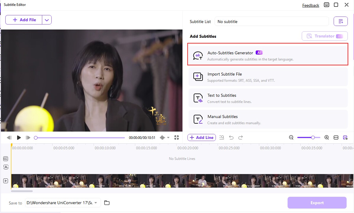 Schritt 3-1: Auto-Untertitel-Generator im Untertitel-Editor auswählen