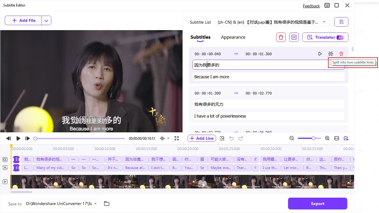 Schritt 4-3: Eine Untertitelzeile an Cursorposition in zwei Zeilen aufteilen
