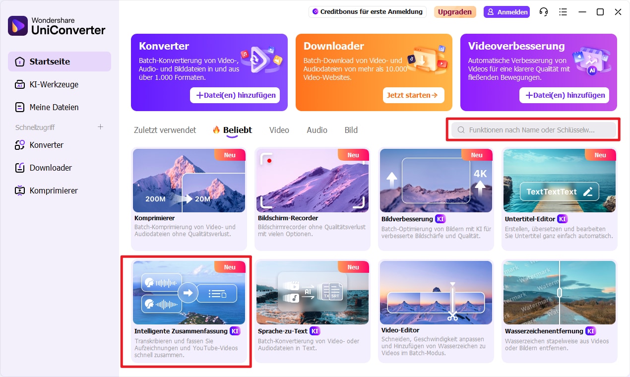 KI Video-Zusammenfassung Schritt 1: Modul auf der Startseite von UniConverter öffnen