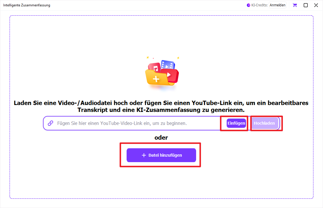 KI Video-Zusammenfassung Schritt 2: Lokale Video- oder Audiodatei hinzufügen