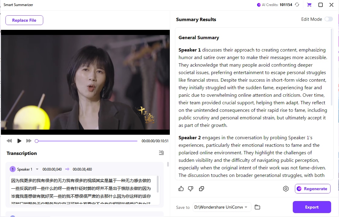 KI Video-Zusammenfassung Schritt 4-1: Ergebnisanzeige des Transkripts in UniConverter