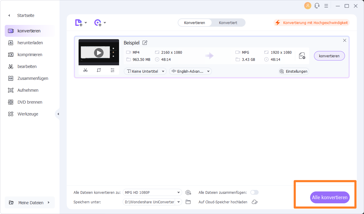 Alle Dateien konvertieren mit dem Wondershare Uniconverter