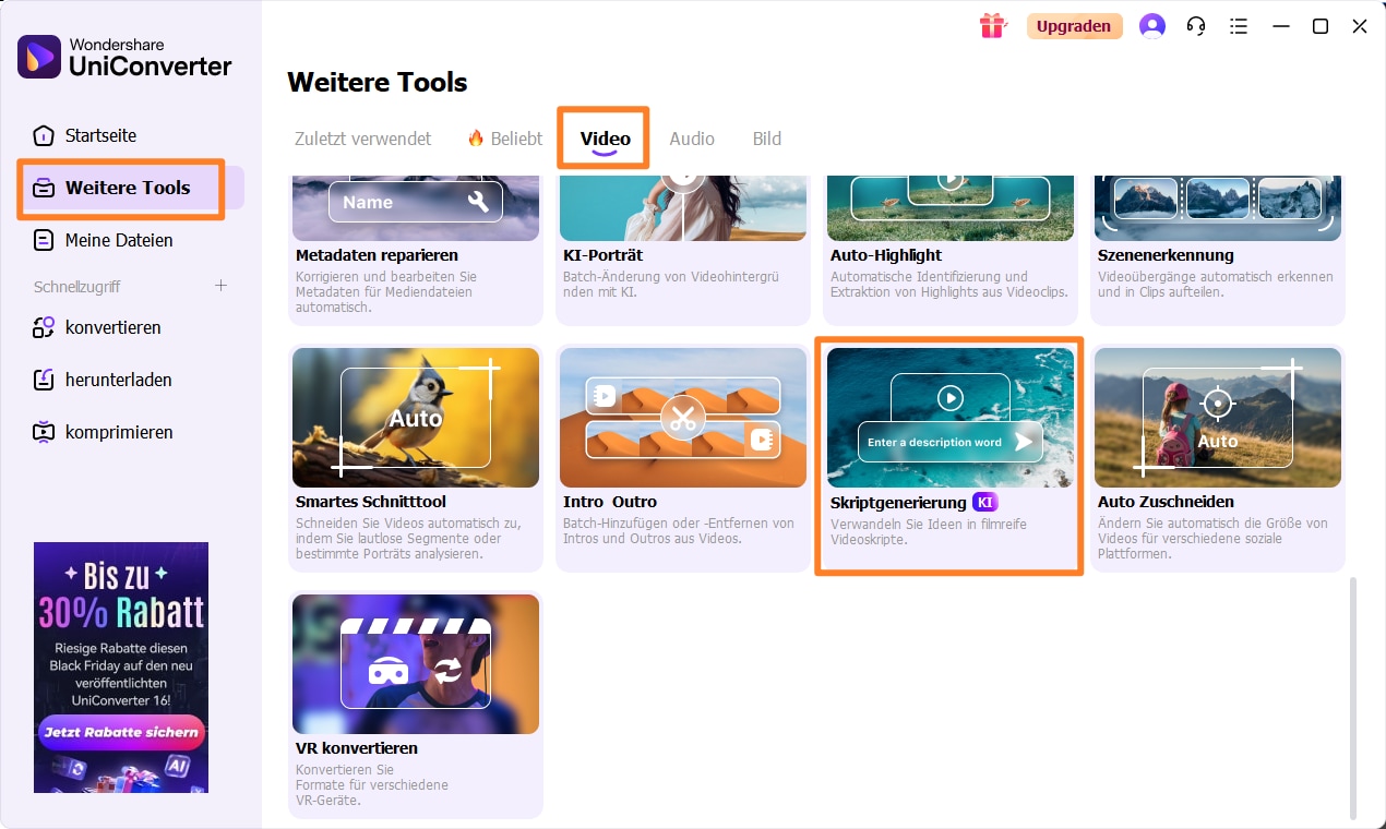 Starten Sie den Wondershare UniConverter und wählen Sie den KI Skript Generator