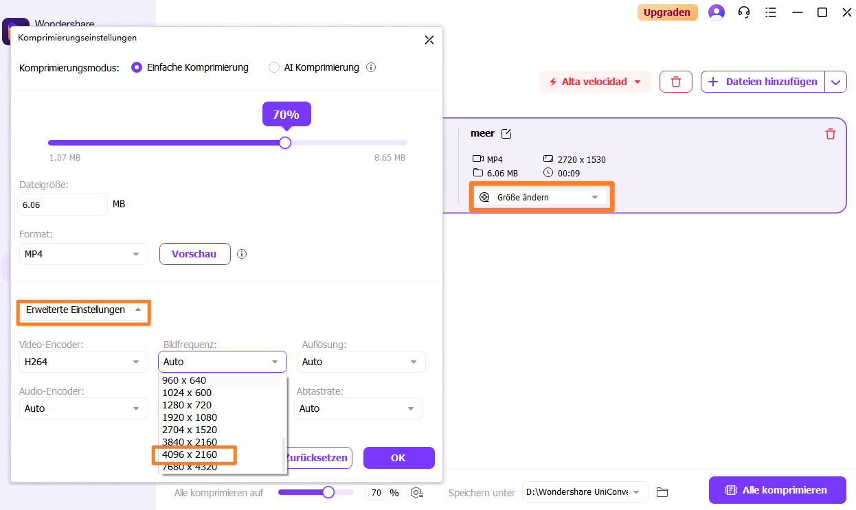 Komprimierungsparameter definieren Mac