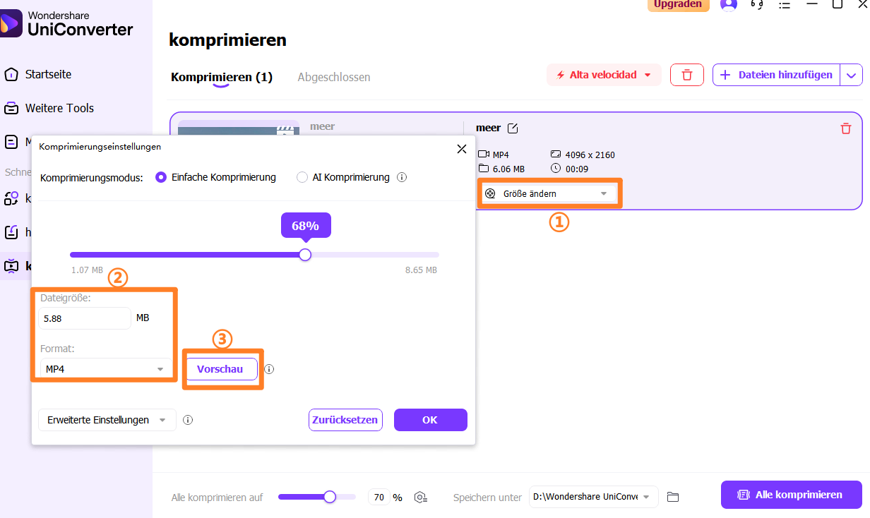 Grundlegende Einstellungen für die Dateikomprimierung festlegen