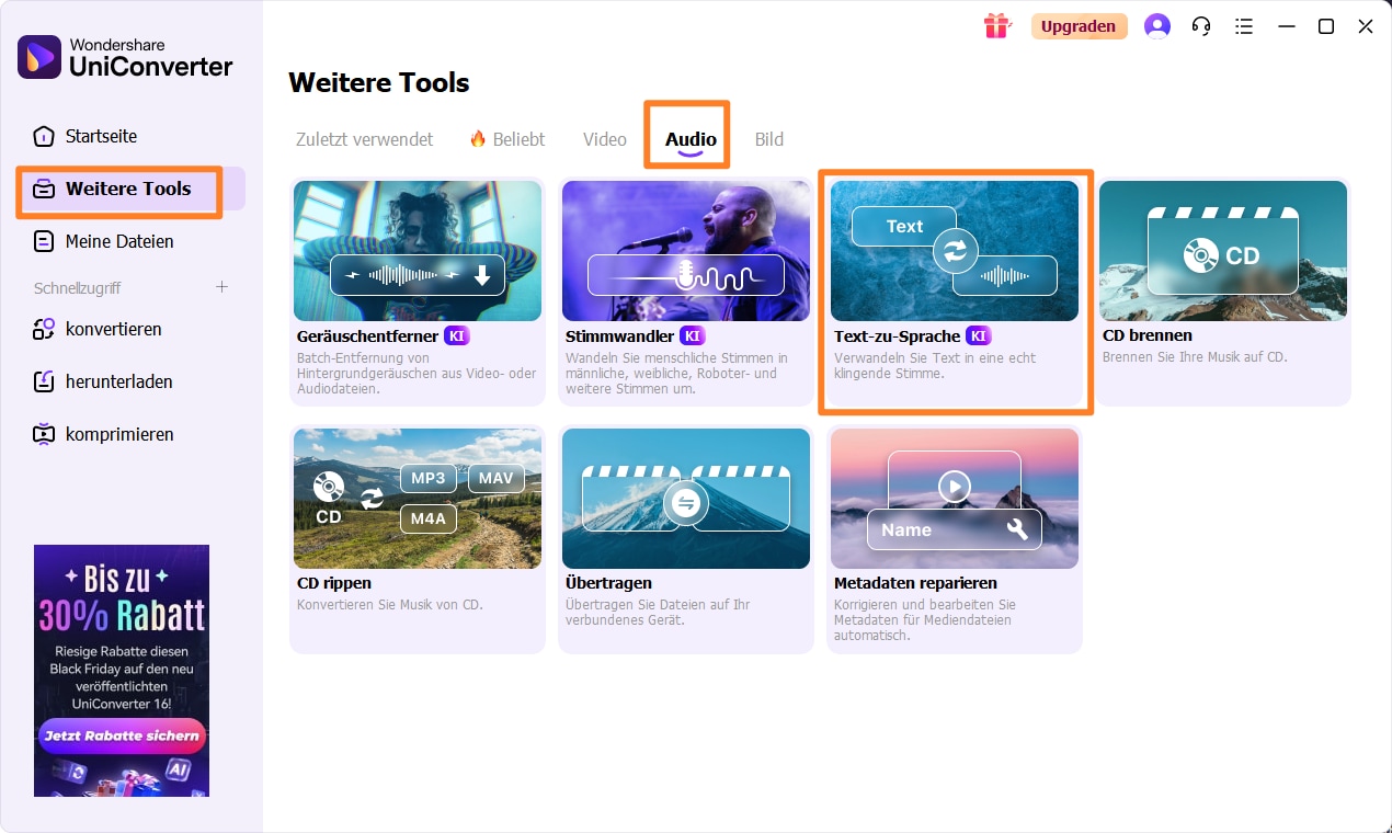 Öffnen Sie den Wondershare UniConverter und wählen Sie Text-zu-Sprache