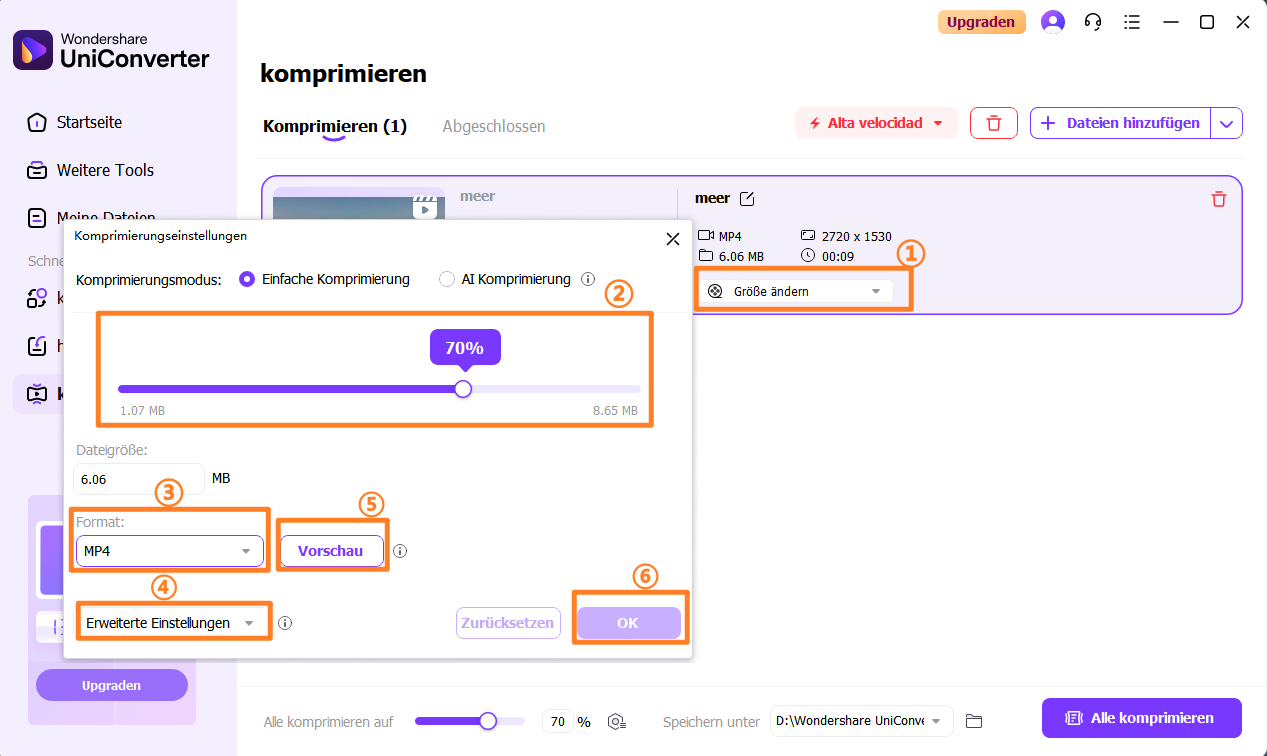 Videogröße reduzieren - Schritt 3: Dateigröße und andere Parameter einstellen